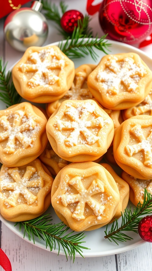 A plate of peanut butter Christmas cookies with a crisscross pattern, decorated for the holidays.